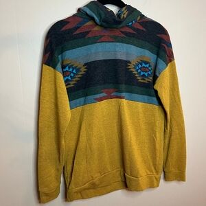 Oversized Western Geometric Colorful Print Boho Drawstring Cowl Neck Hoodie